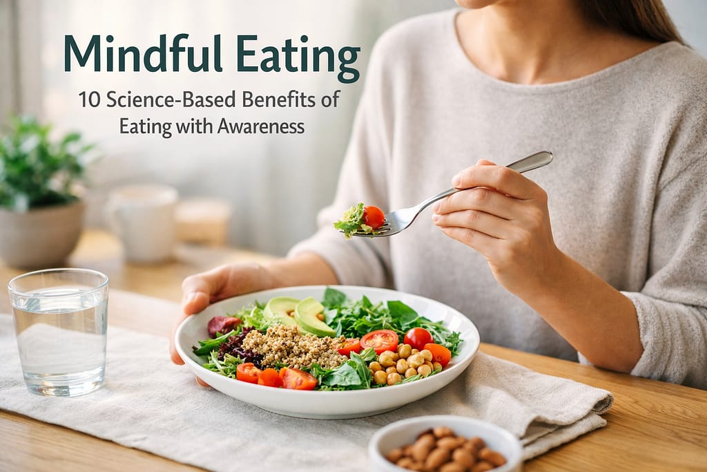 Benefits of Mindful Eating through slower eating, greater awareness, healthier food choices, and improved digestion
