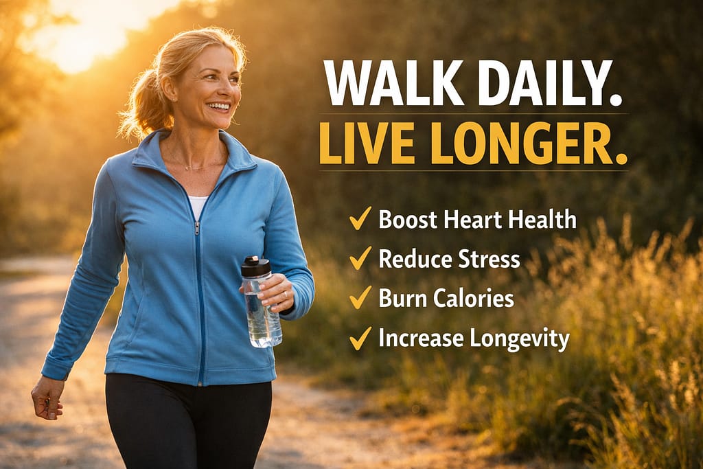 Walk 30 Minutes a Day by enjoying a daily outdoor walk to improve heart health, longevity, fitness, and overall well-being