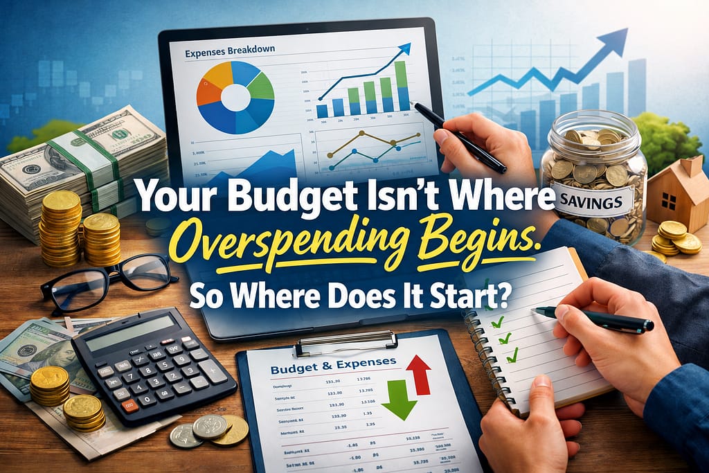 Person reviewing expenses and spending habits, illustrating how triggers, convenience and financial behaviors can lead to overspending.