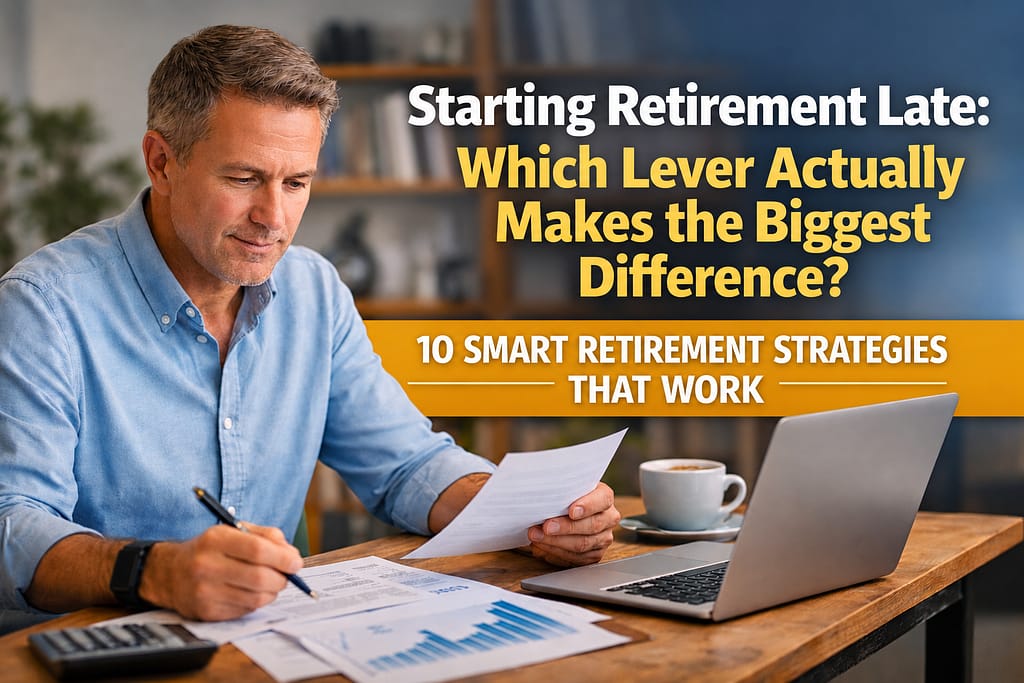Older adult reviewing retirement savings and financial options, representing late retirement planning, contributions, spending and retirement timing.