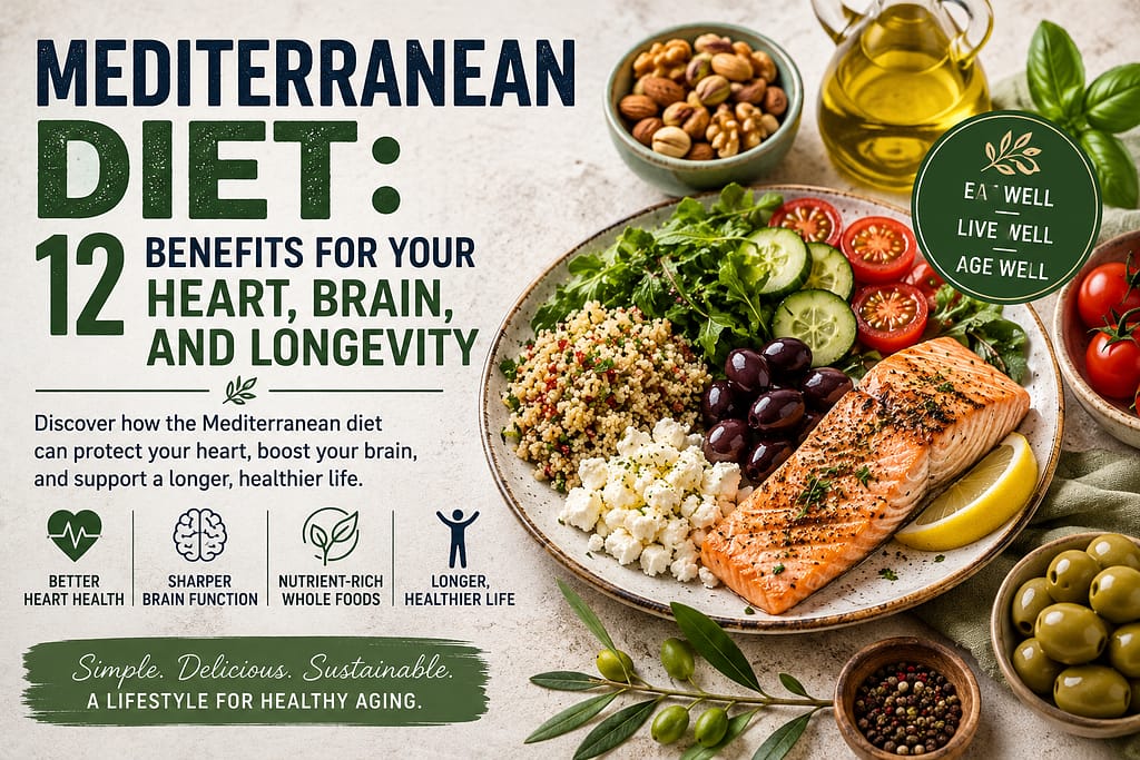 Mediterranean diet with vegetables, olive oil, fish, whole grains, and legumes for heart health and longevity