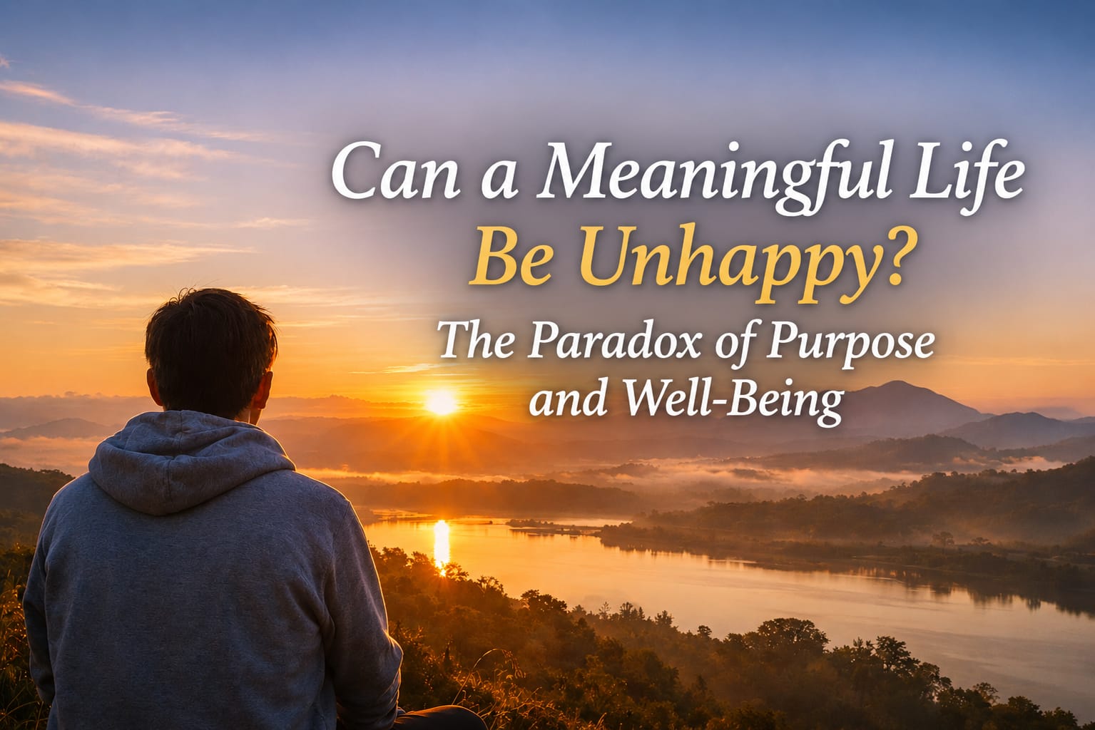 Adult reflecting on life purpose and well-being, illustrating how a meaningful life can include happiness, responsibility, difficulty and personal significance.