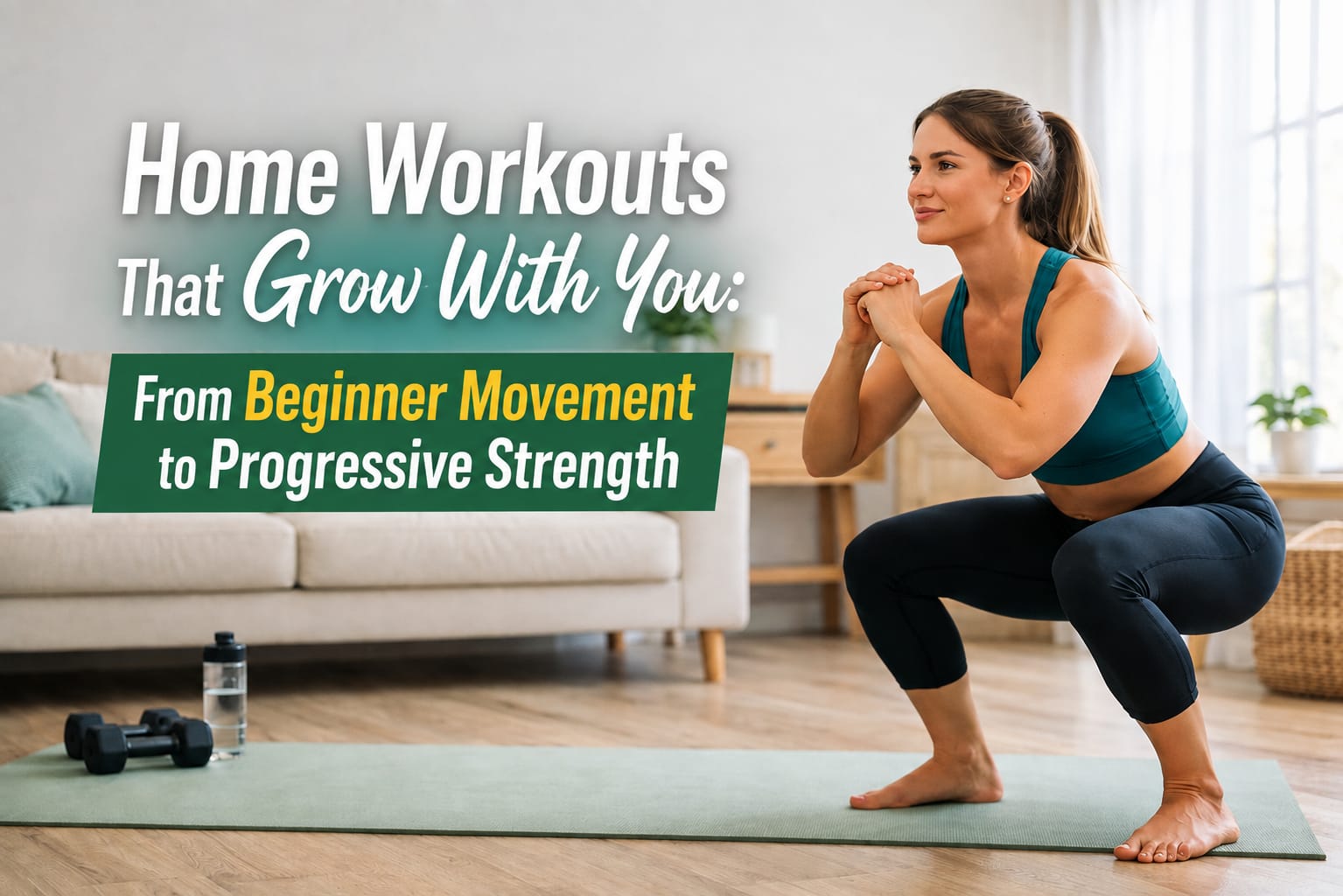 Adult progressing through a home strength workout using bodyweight and resistance exercises, illustrating beginner movement, progressive overload and functional strength.