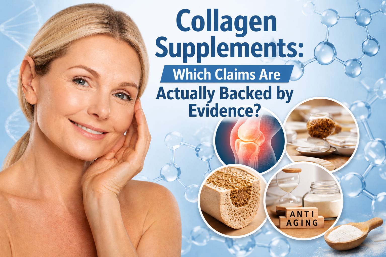 Collagen supplement powder representing evidence-based claims about joint pain, skin, bone health, hair, muscle and healthy aging.