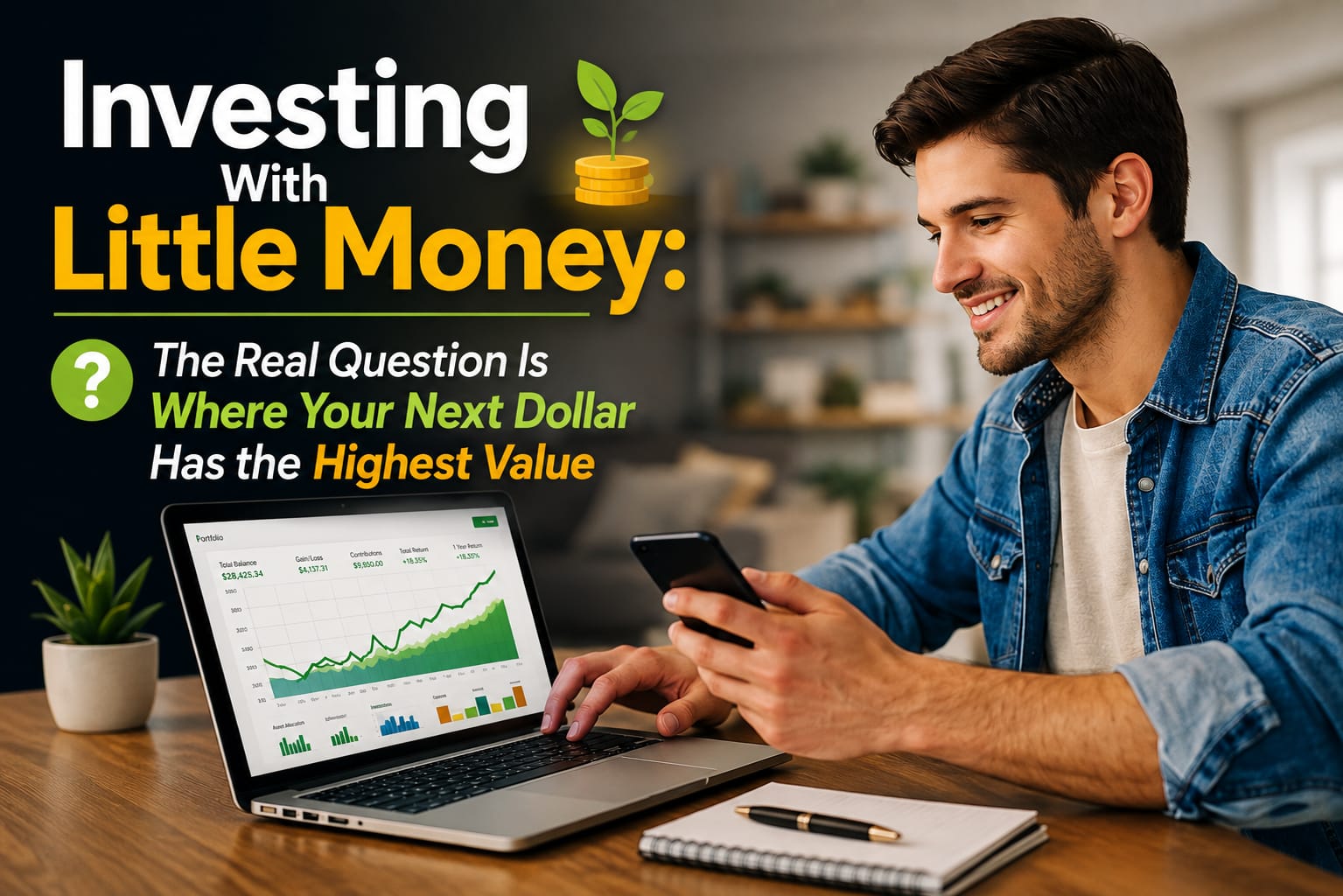 Small amount of money being allocated between debt reduction, emergency savings and long-term investing, illustrating how to invest with little money.