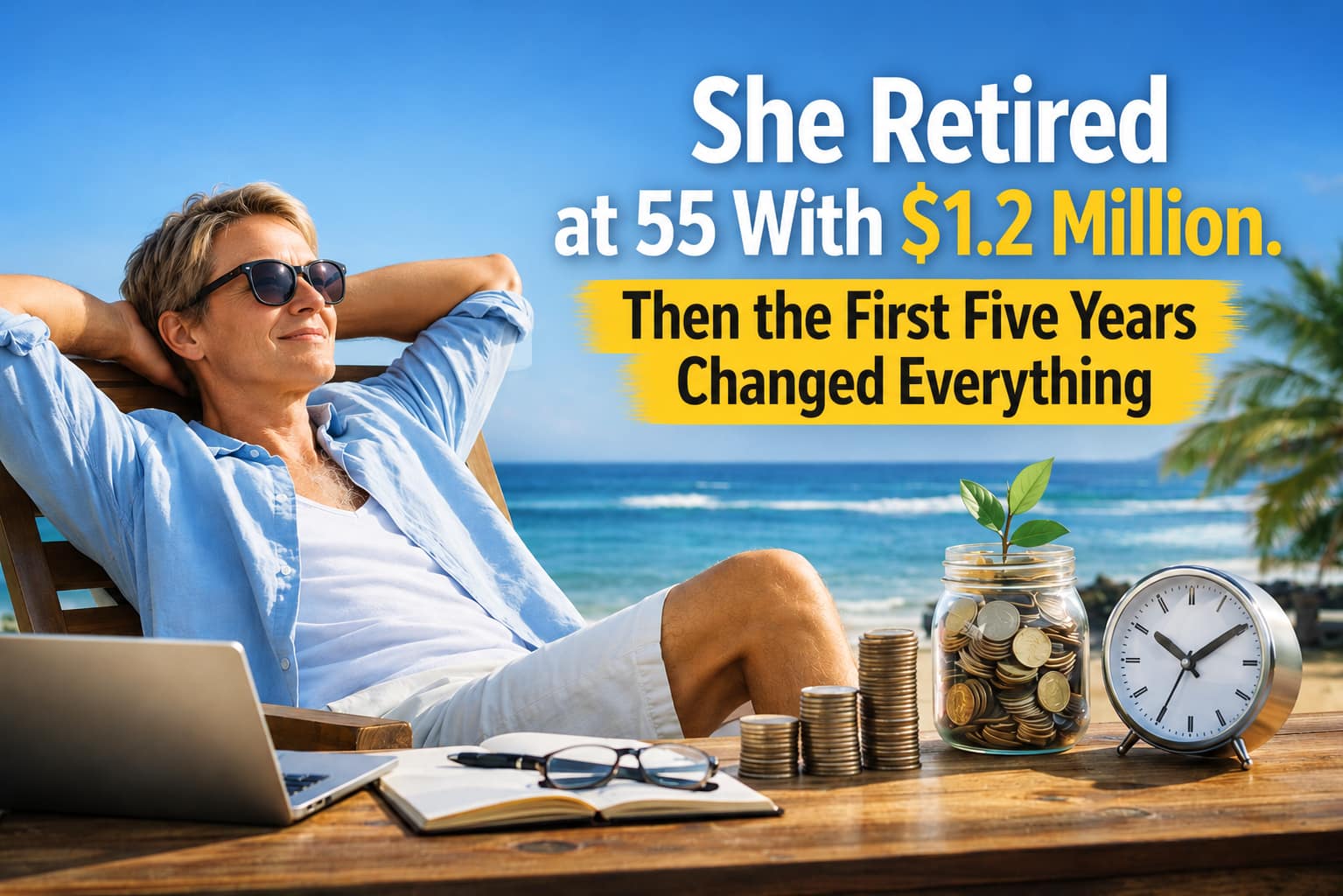 Woman retiring at 55 with $1.2 million, illustrating early retirement, portfolio withdrawals, inflation, unexpected expenses and sequence-of-returns risk.