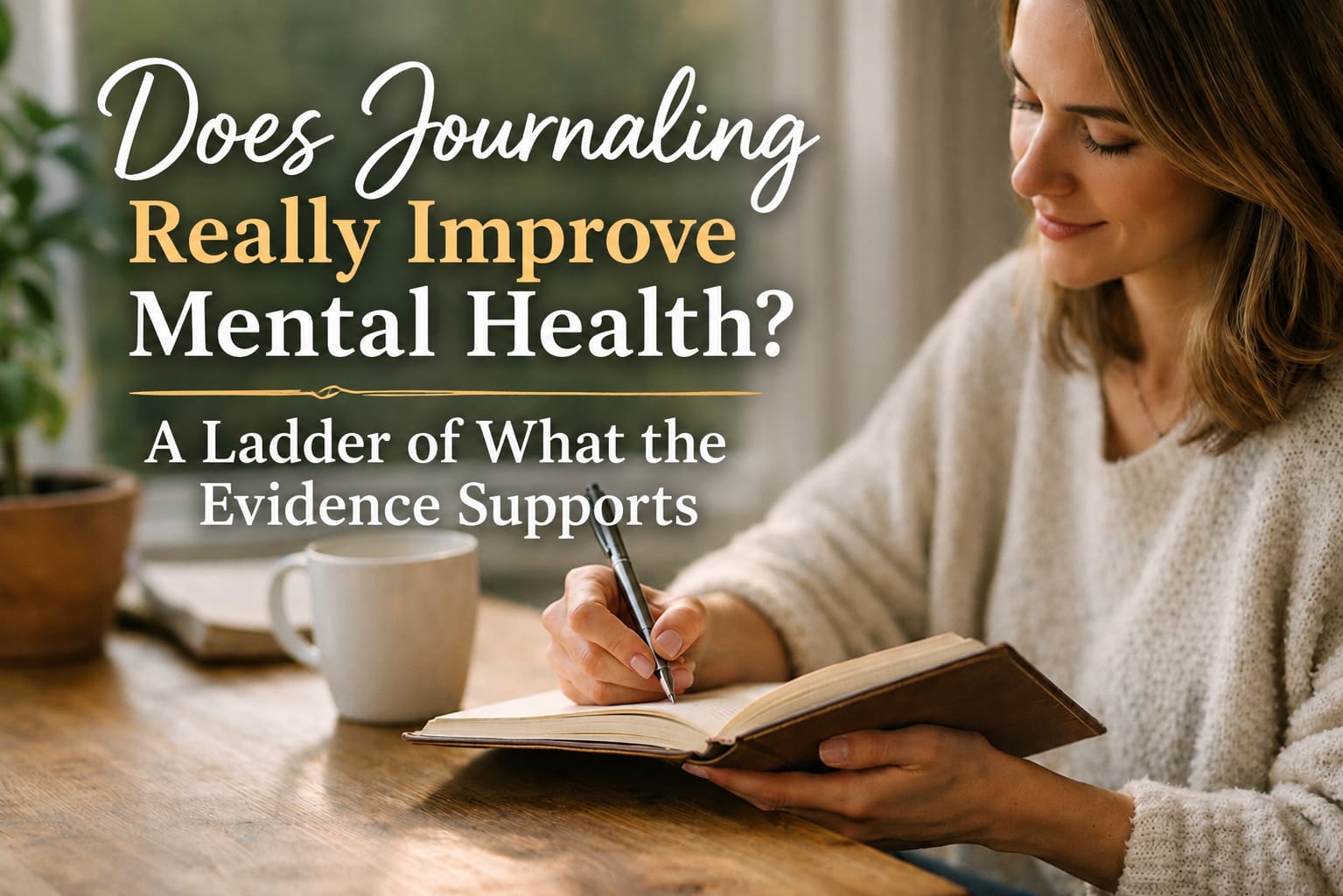 Adult writing in a journal by hand, illustrating therapeutic journaling, self-reflection, emotional processing and mental health.