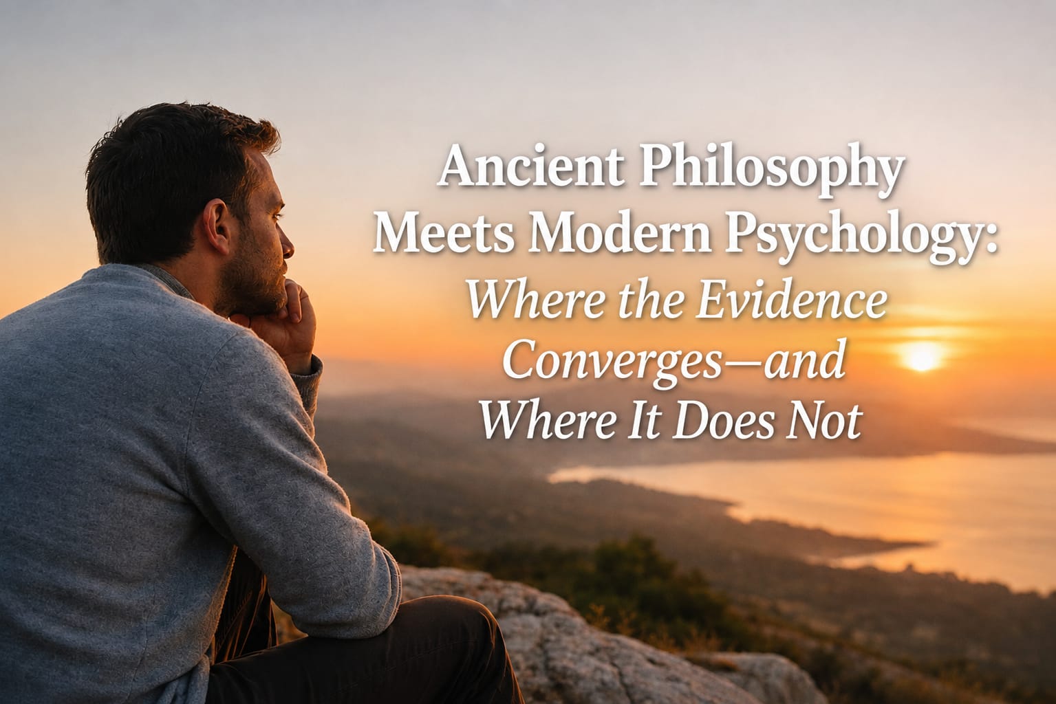 Ancient philosophy and modern psychology represented together, illustrating Stoicism, Aristotle, Socratic questioning, purpose, psychological flexibility and human flourishing.