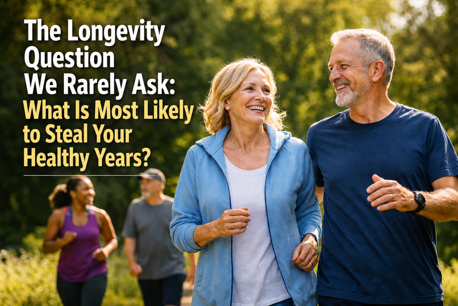 Older adult focusing on healthy aging, illustrating longevity risk factors, physical independence, strength, nutrition, sleep and social connection.