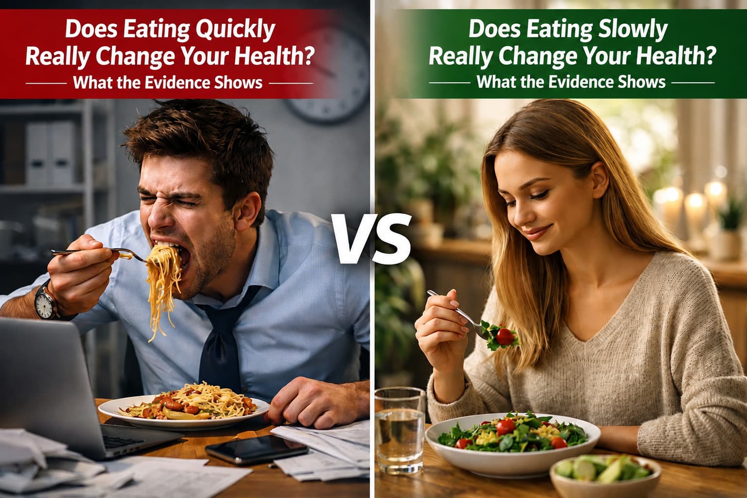 Adult eating a meal slowly and mindfully, illustrating eating speed, chewing, appetite signals, food intake and healthy eating behavior.