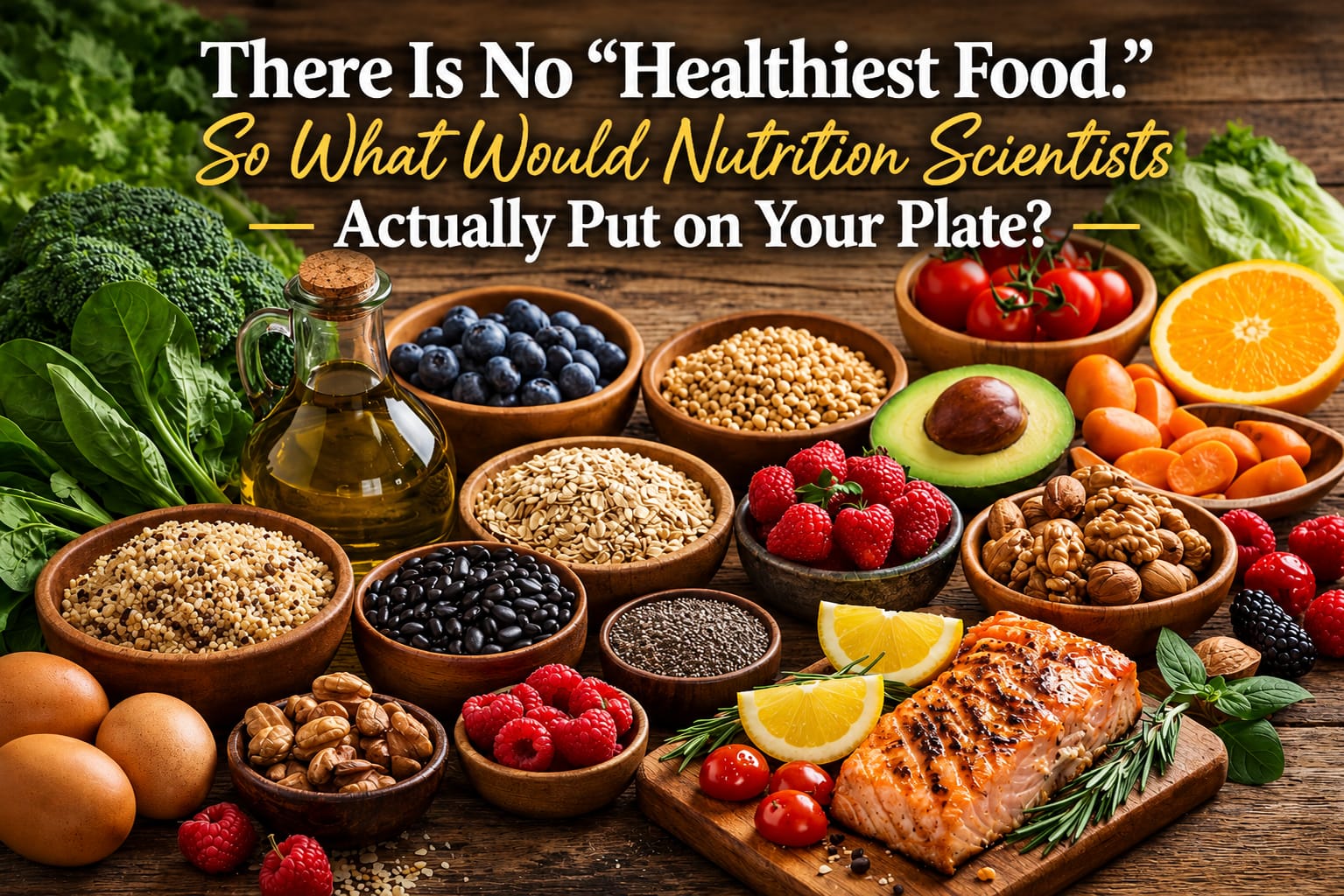 Healthy plate with vegetables, fruits, legumes, whole grains, nuts, olive oil and protein sources representing a balanced dietary pattern.