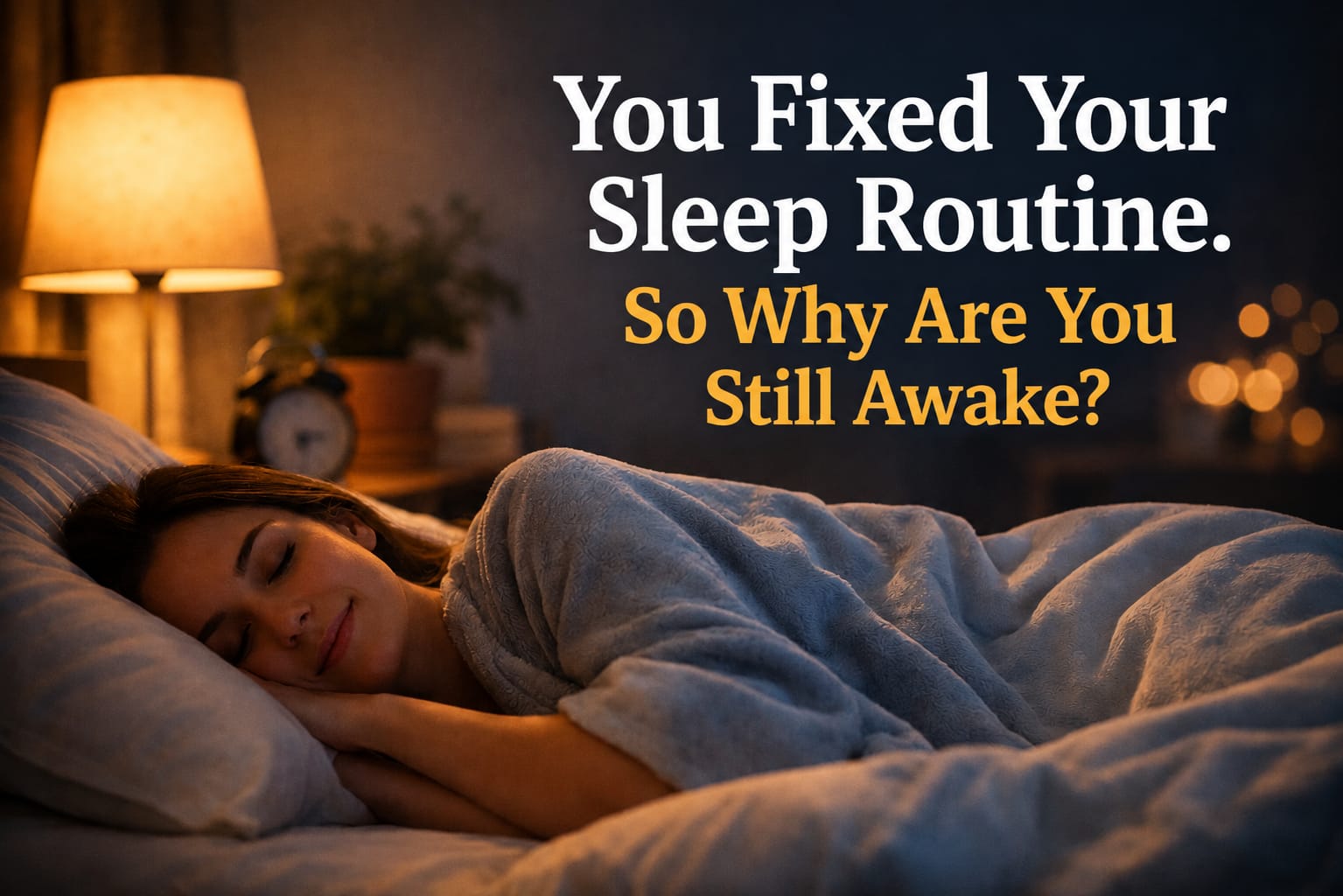 Person lying awake in bed despite following a consistent sleep routine and healthy sleep hygiene habits.