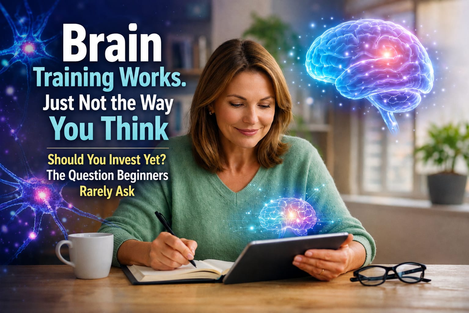Older adult doing a brain-training exercise, representing memory, cognitive training, neuroplasticity and healthy brain aging.