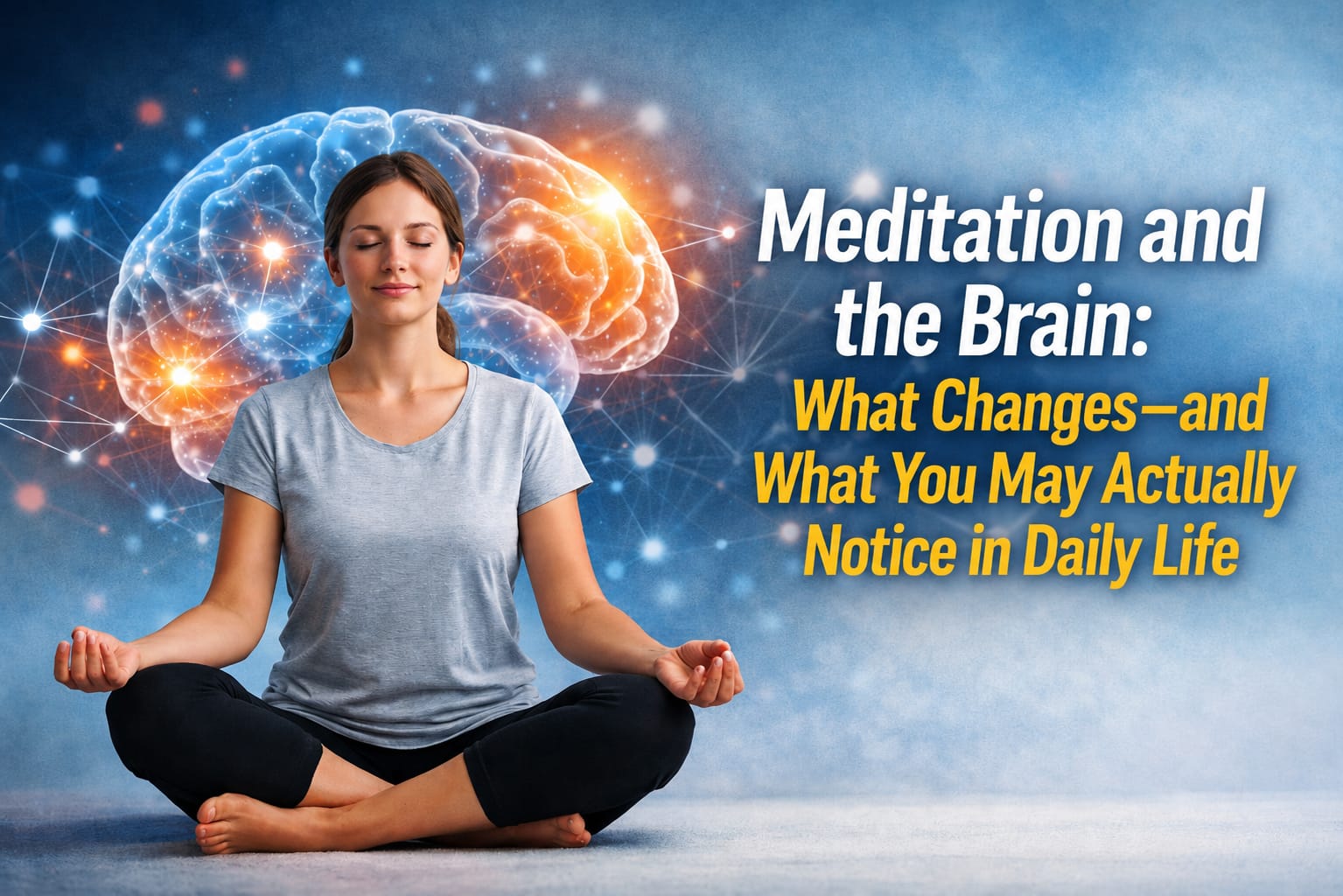 Adult practicing meditation, illustrating changes in attention, emotional regulation, brain activity and awareness in daily life.