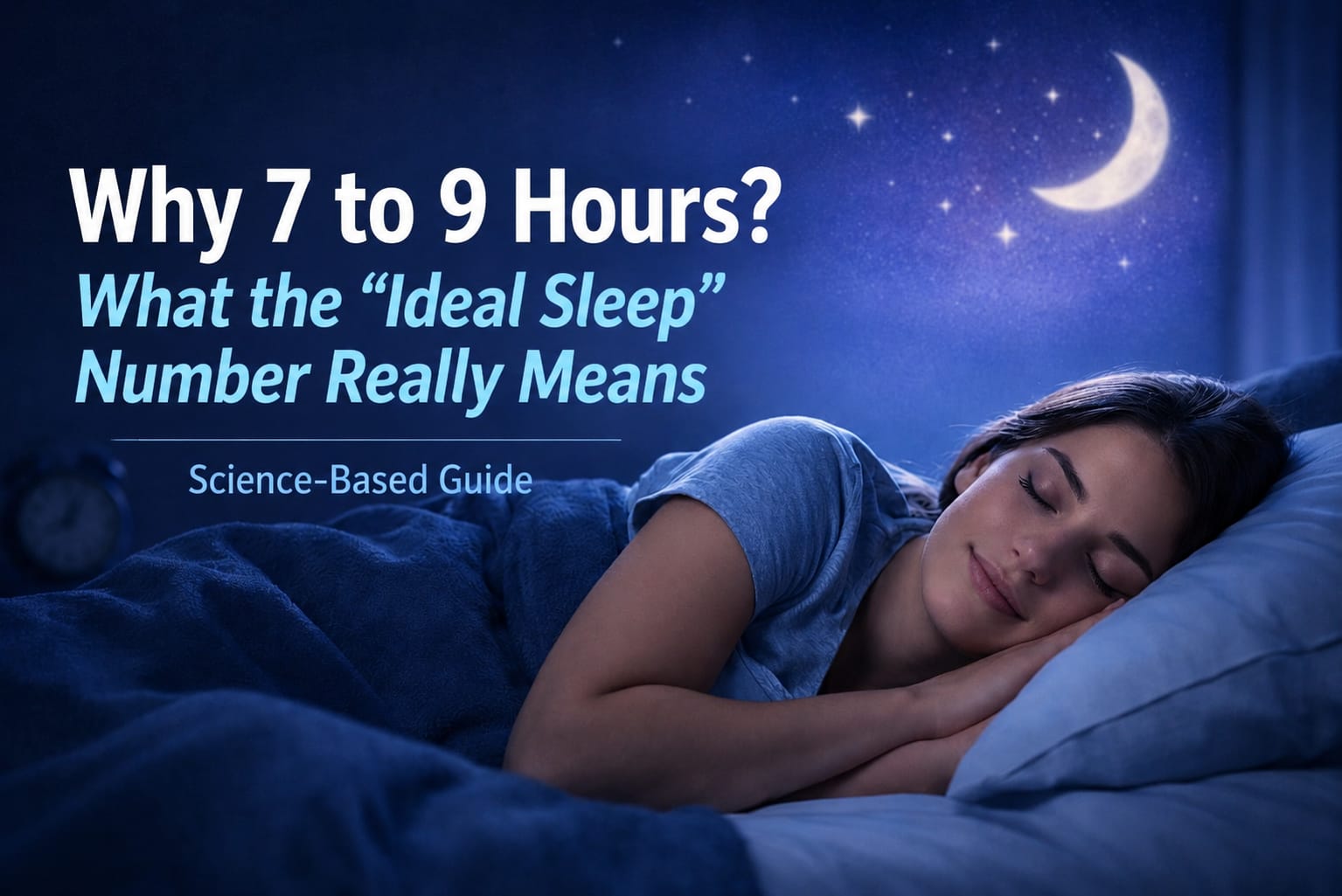 Adult sleeping peacefully at night, illustrating the 7-to-9-hour sleep guideline, sleep quality, circadian timing and healthy aging.
