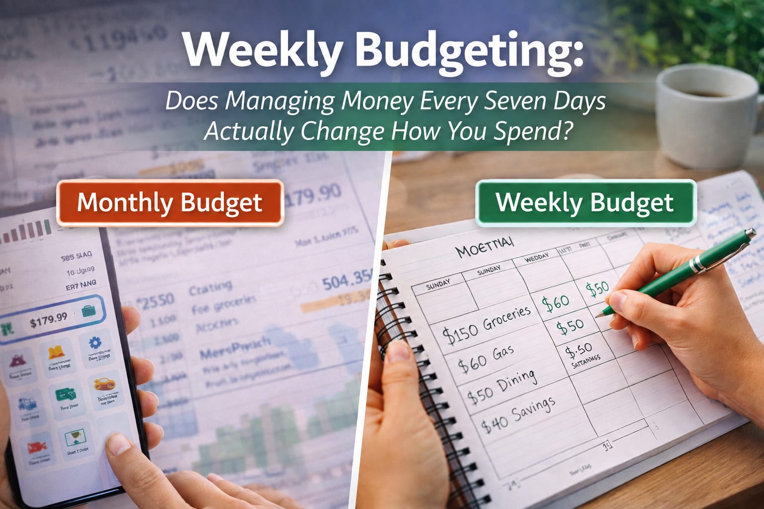 Weekly budgeting concept showing a seven-day money management plan for spending, saving, and building long-term financial stability