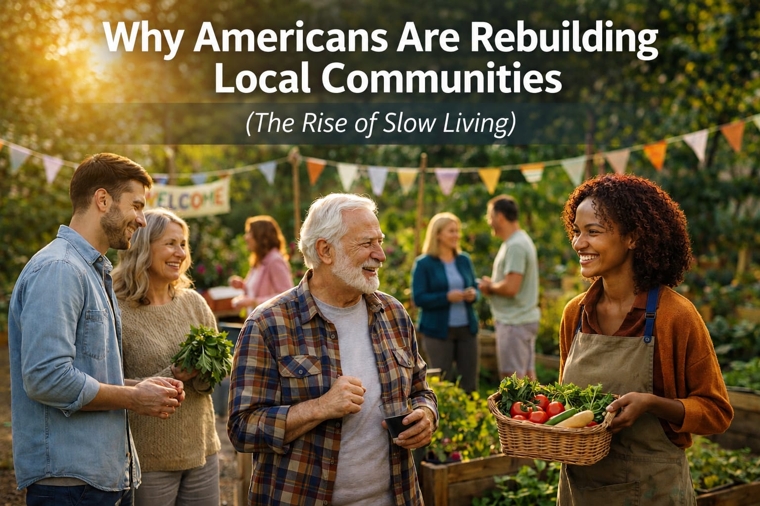 Adults over 50 connecting with neighbors in a local community and slow living environment