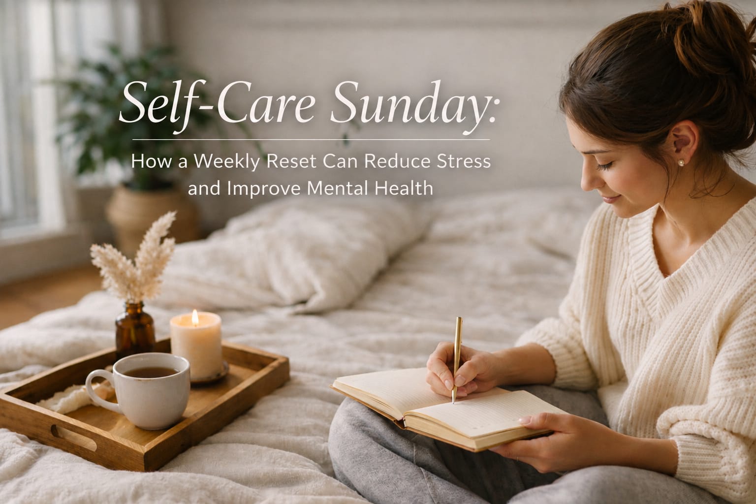 Woman over 50 enjoying a quiet Self-Care Sunday to recover from stress and prepare for the week