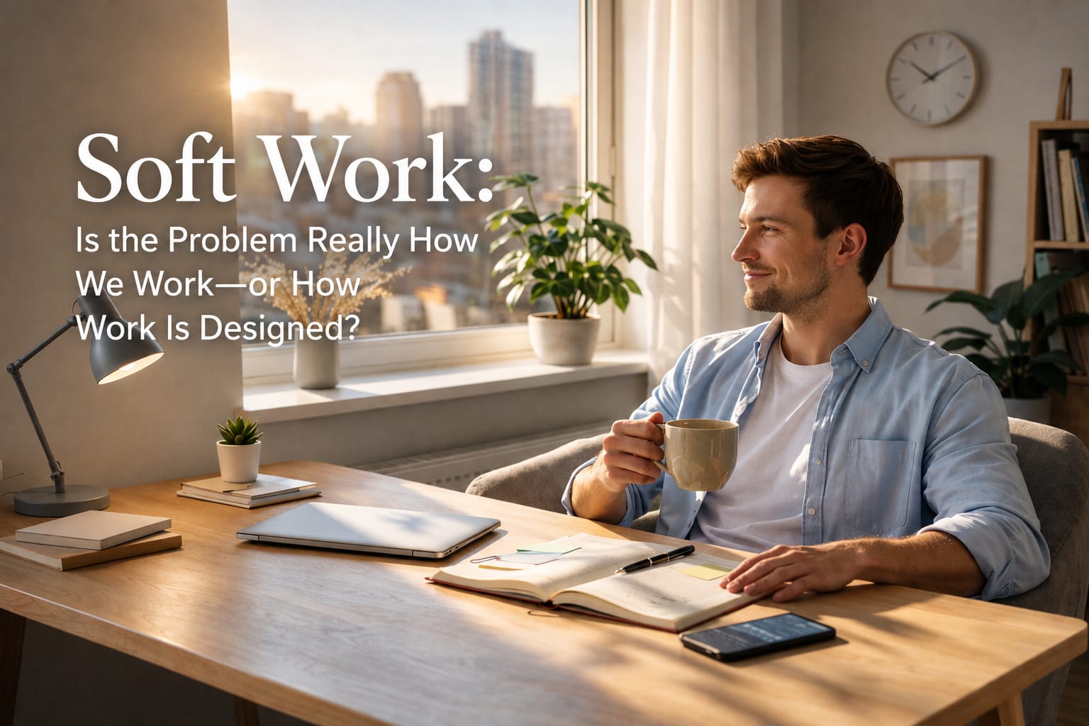 Professional over 50 working in a sustainable workplace designed to reduce burnout and unnecessary stress