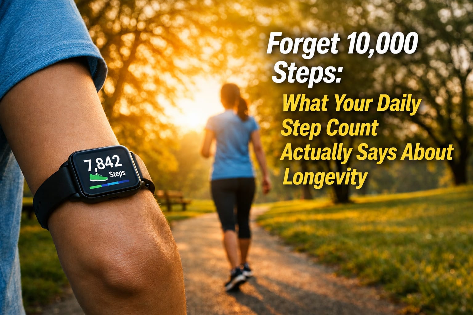 Adult over 50 walking outdoors while tracking daily steps for healthy aging and longevity