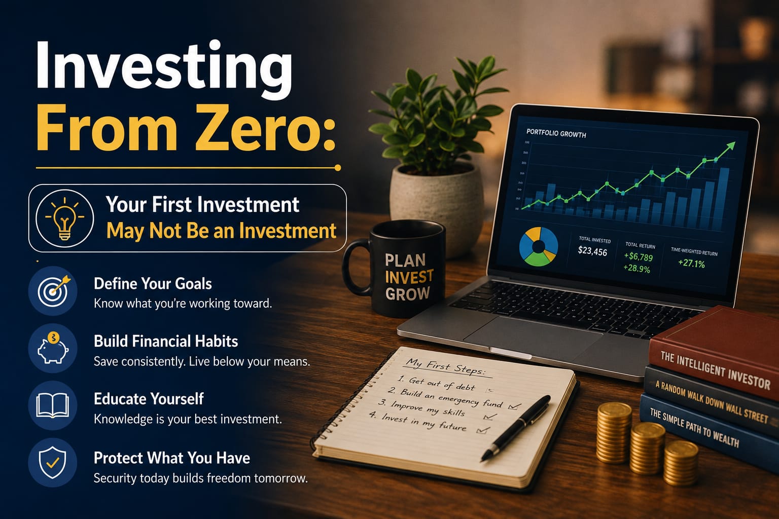 Adult over 50 reviewing finances, emergency savings, debt, and investment options before starting to invest