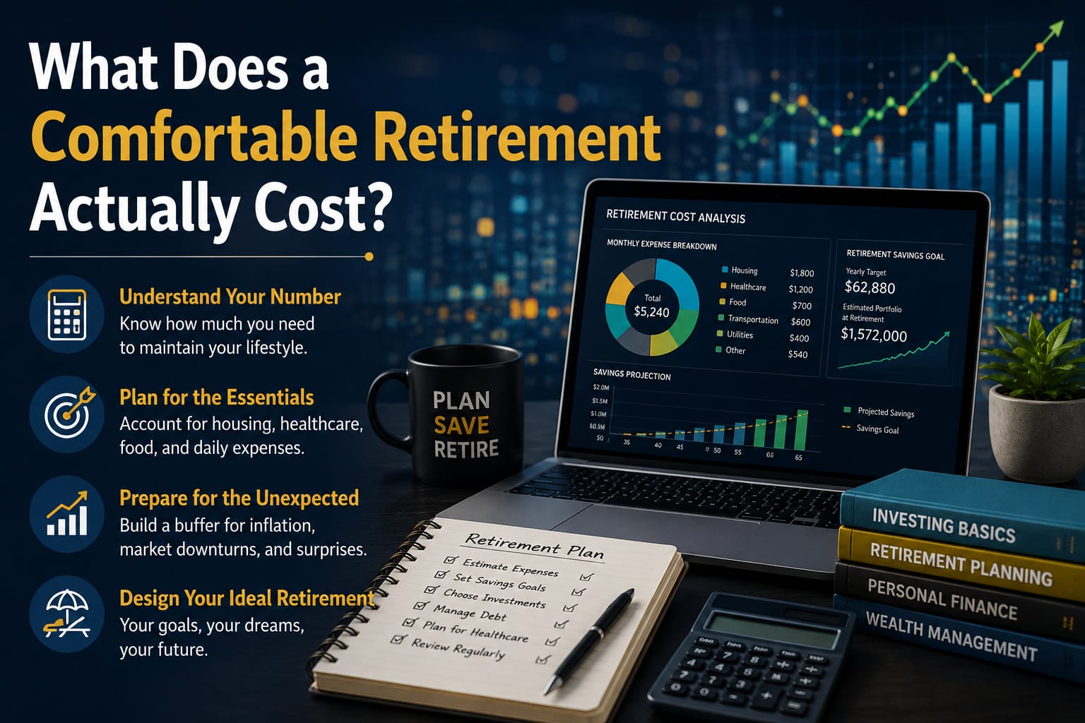 Adult over 50 reviewing retirement finances, housing, healthcare, income, and lifestyle costs for a comfortable retirement