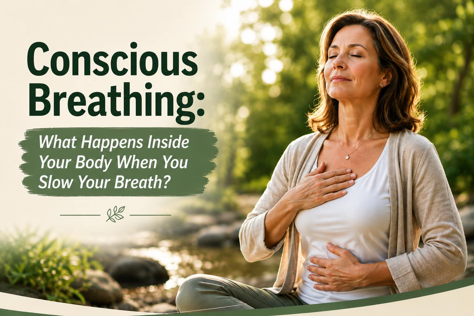Woman practicing conscious slow breathing to calm the nervous system and reduce stress