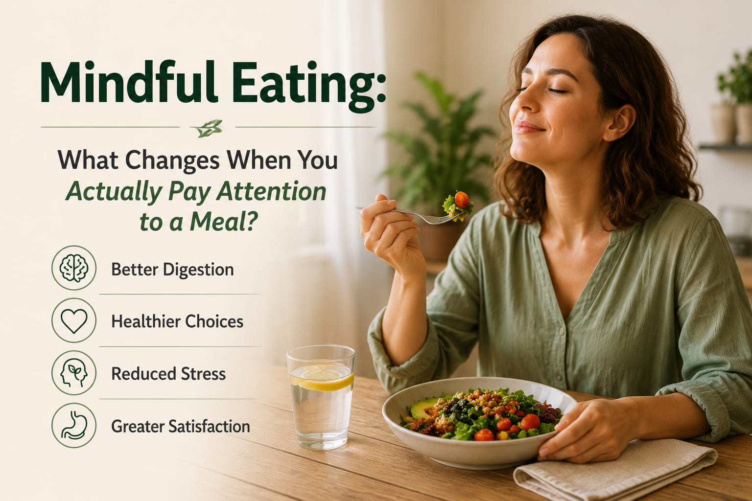 Adult practicing mindful eating by paying attention to the taste, texture, hunger, and fullness signals during a meal