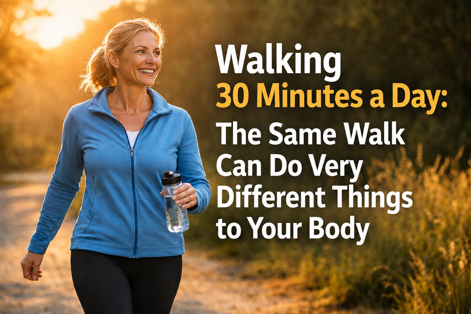 Adult walking outdoors for 30 minutes, illustrating how pace, timing, terrain, and walking patterns can influence different health outcomes