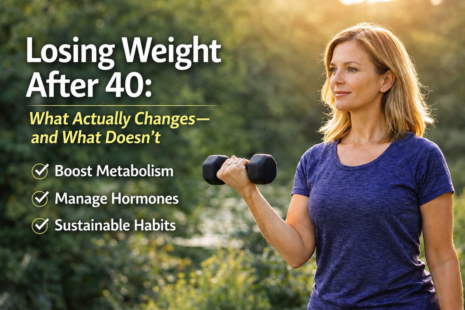 Adult over 40 focusing on sustainable fat loss, strength training, muscle preservation, and healthy body composition