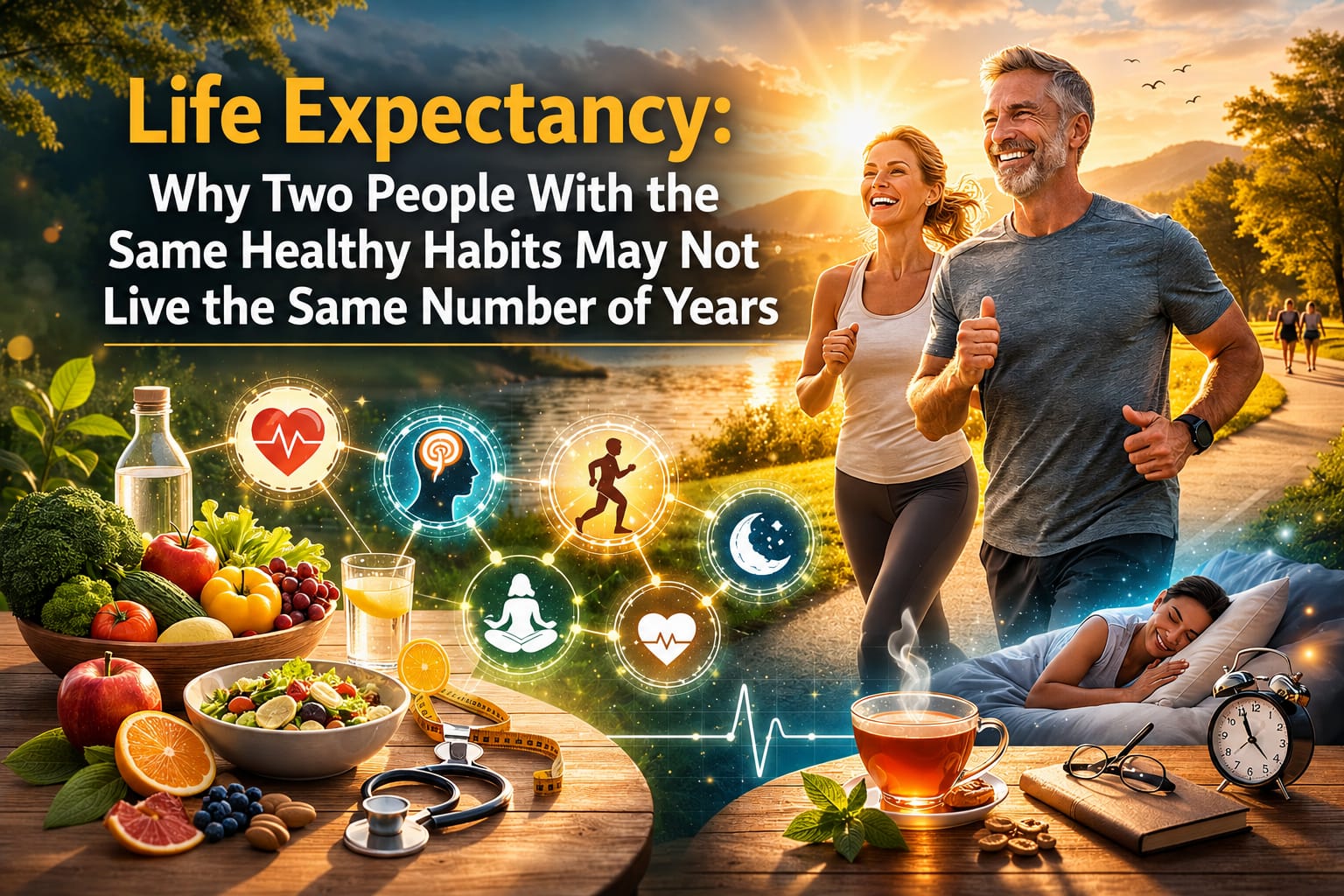 Two adults with similar healthy habits but different life circumstances, illustrating how lifestyle, environment, healthcare, genetics, and social conditions can influence life expectancy