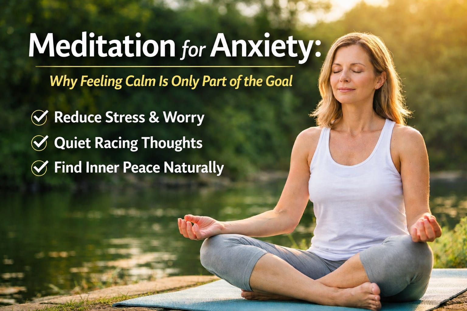 Adult practicing meditation for anxiety, learning to observe anxious thoughts and physical sensations without automatically reacting to them