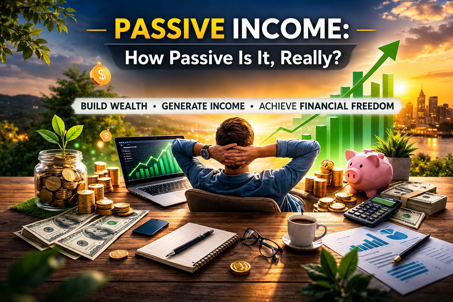 Passive income concept comparing investments, rental property, digital products, and online businesses by the capital, time, risk, maintenance, and liquidity each requires