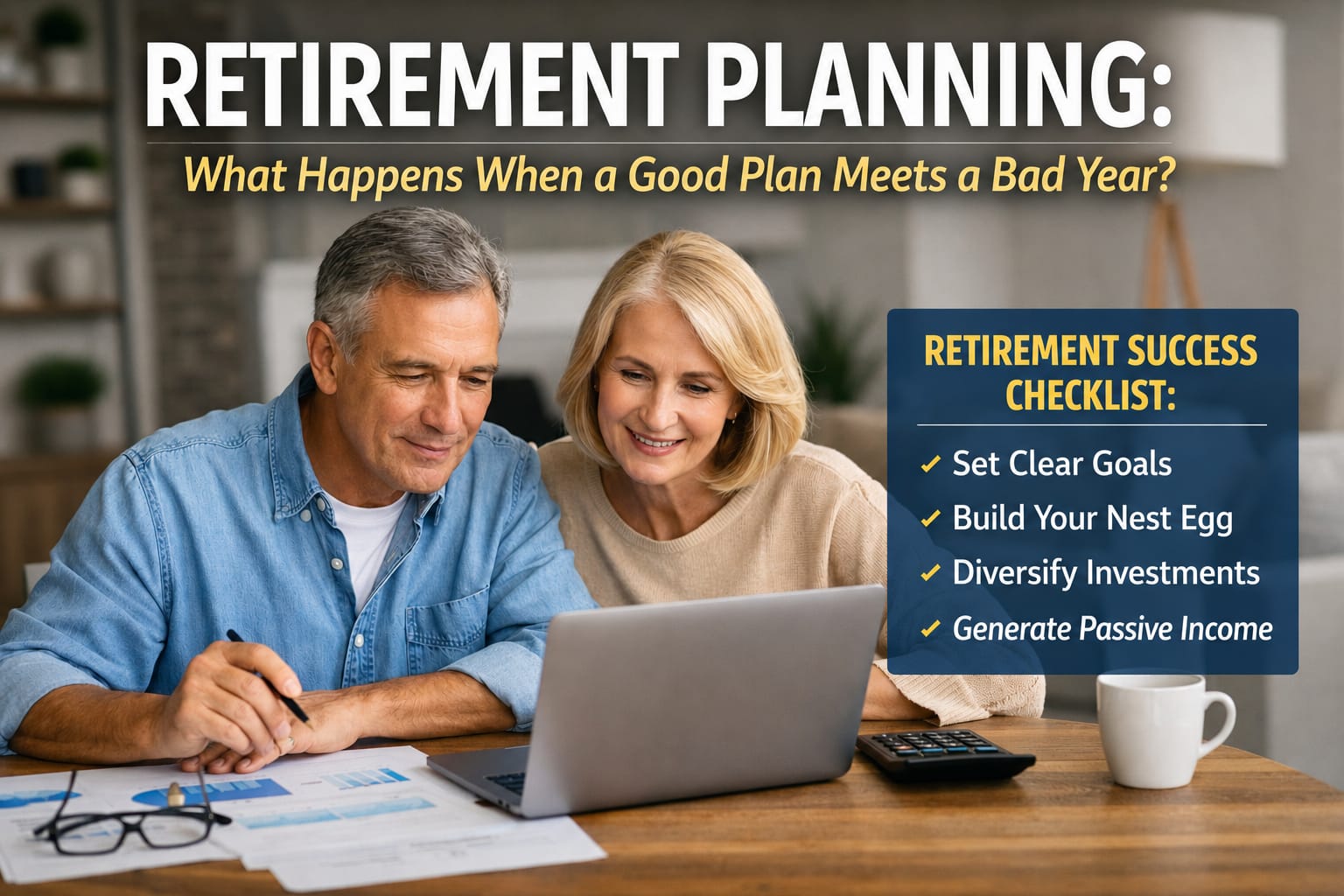 Retired couple reviewing their financial plan and testing how savings, market declines, unexpected expenses, longevity, and survivor income could affect retirement security
