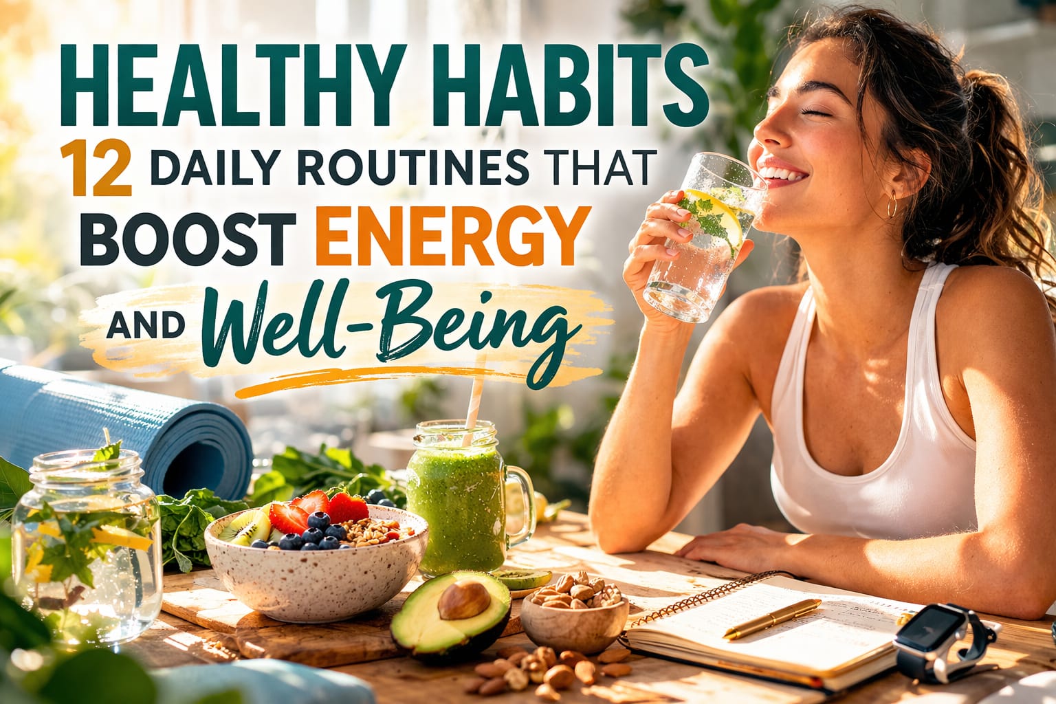 Healthy Daily Habits including exercise, healthy nutrition, quality sleep, hydration, and stress management for better health