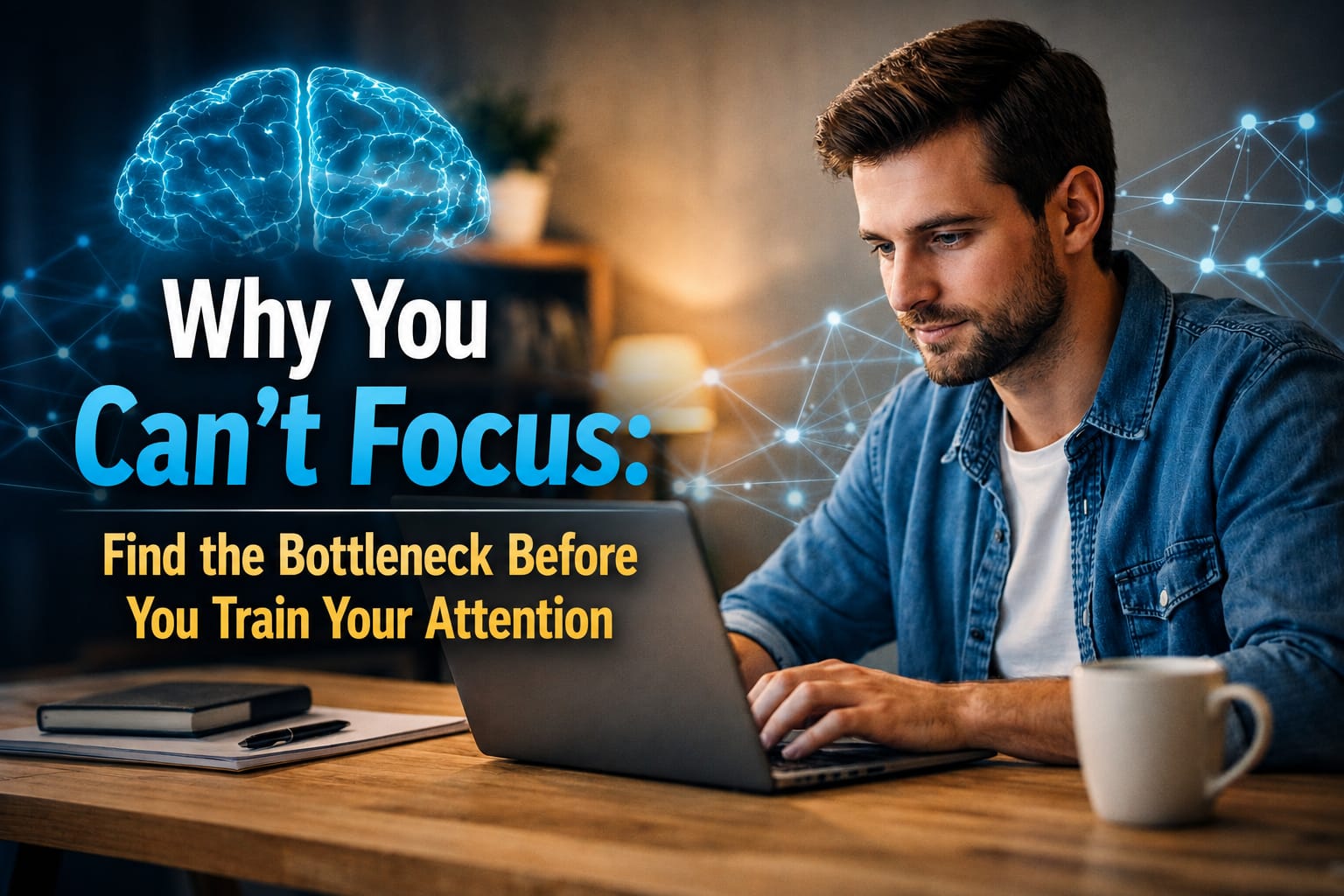 Adult struggling to focus while working, illustrating concentration bottlenecks caused by fatigue, cognitive overload, interruptions and competing thoughts.