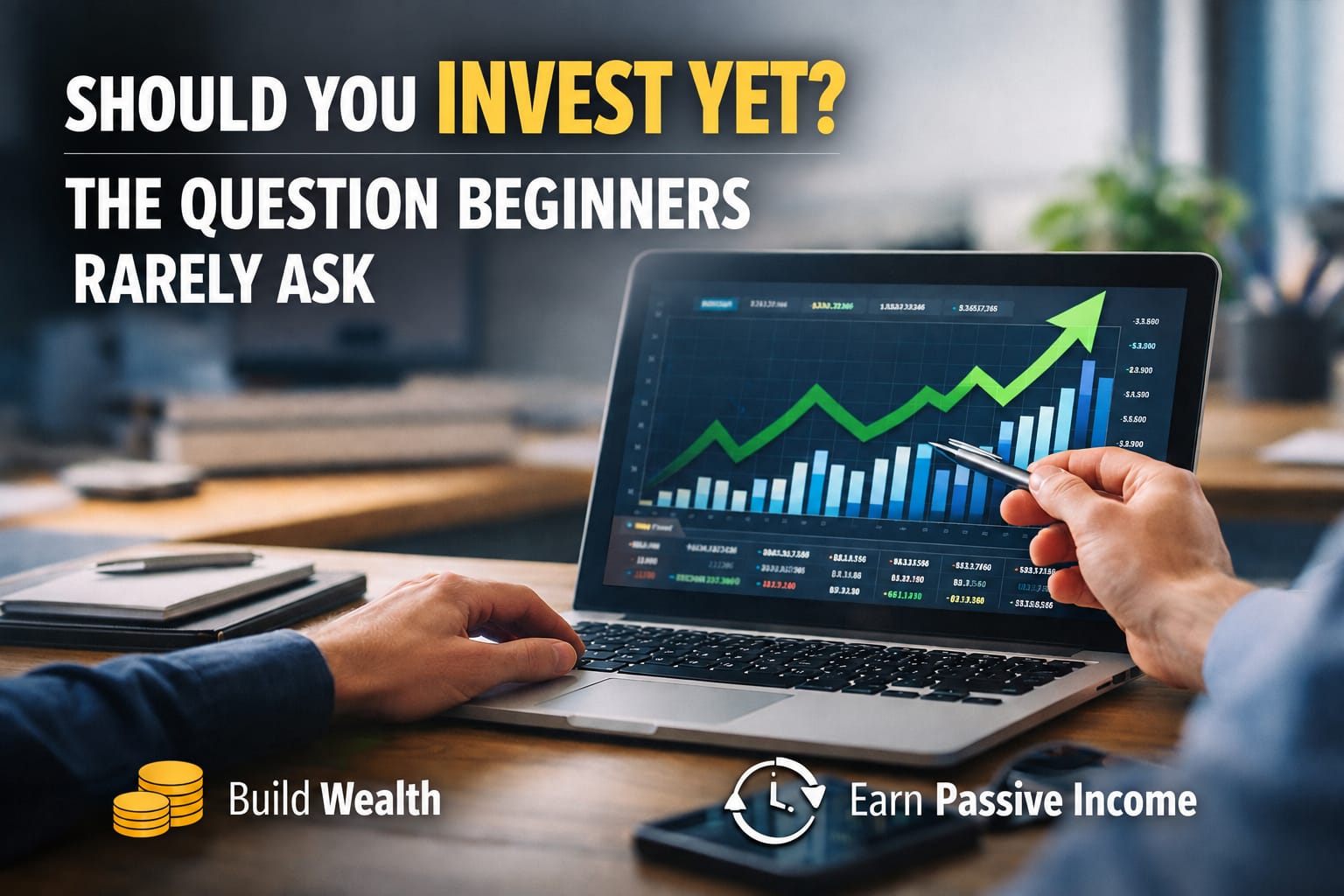 Beginner reviewing money, savings and investment options before deciding whether to invest.