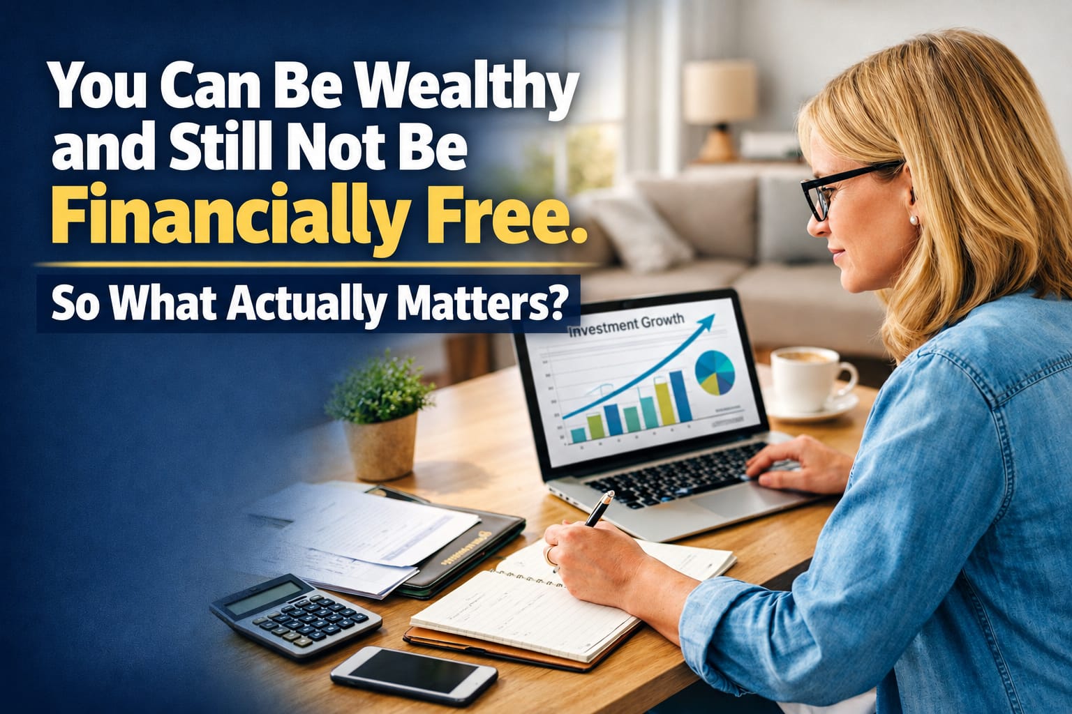 Person reviewing finances and investments, representing wealth, financial freedom, liquidity and independence from a paycheck.