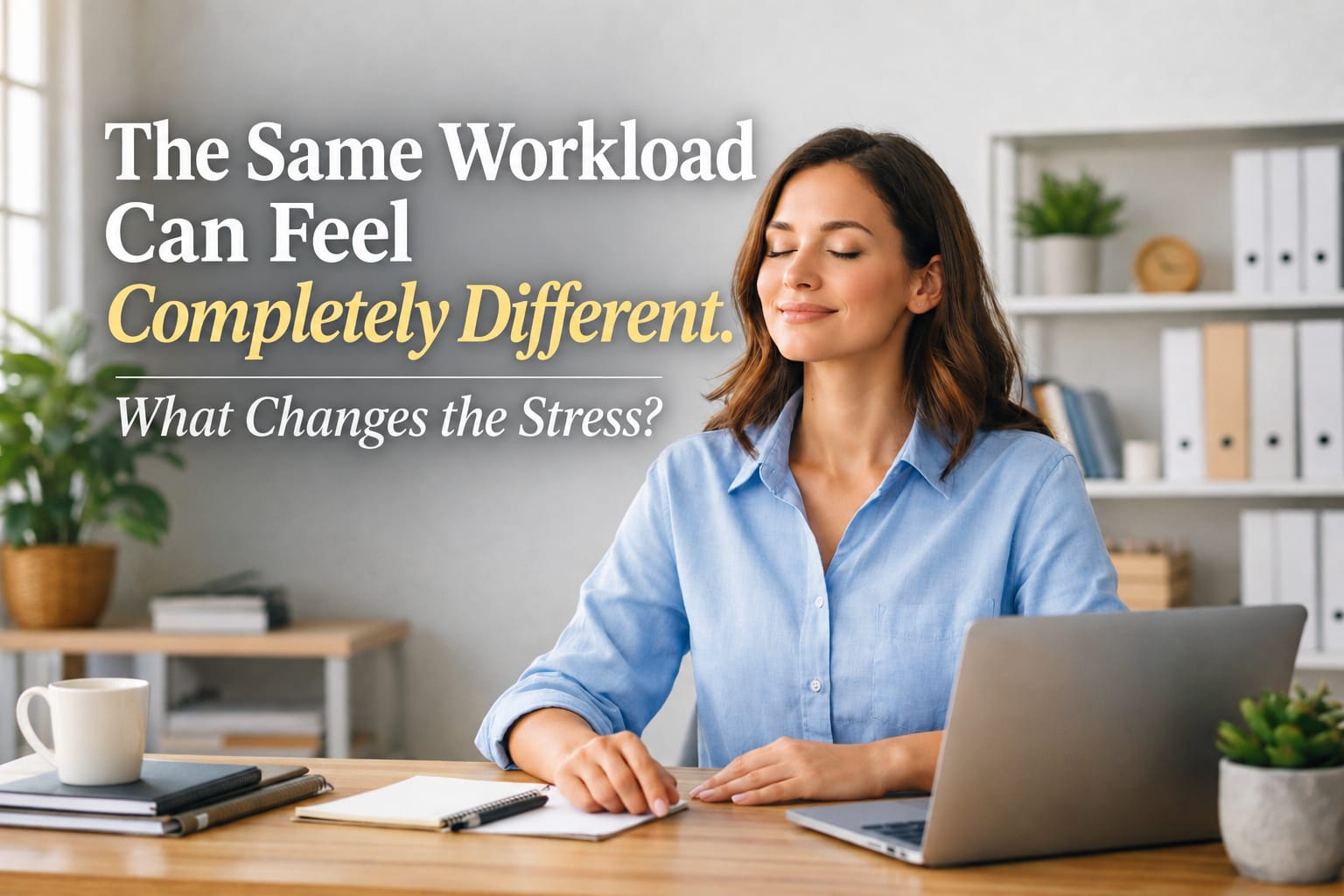 Professional experiencing work stress at a desk, representing how workload, control, predictability, support, reward and recovery influence workplace well-being.