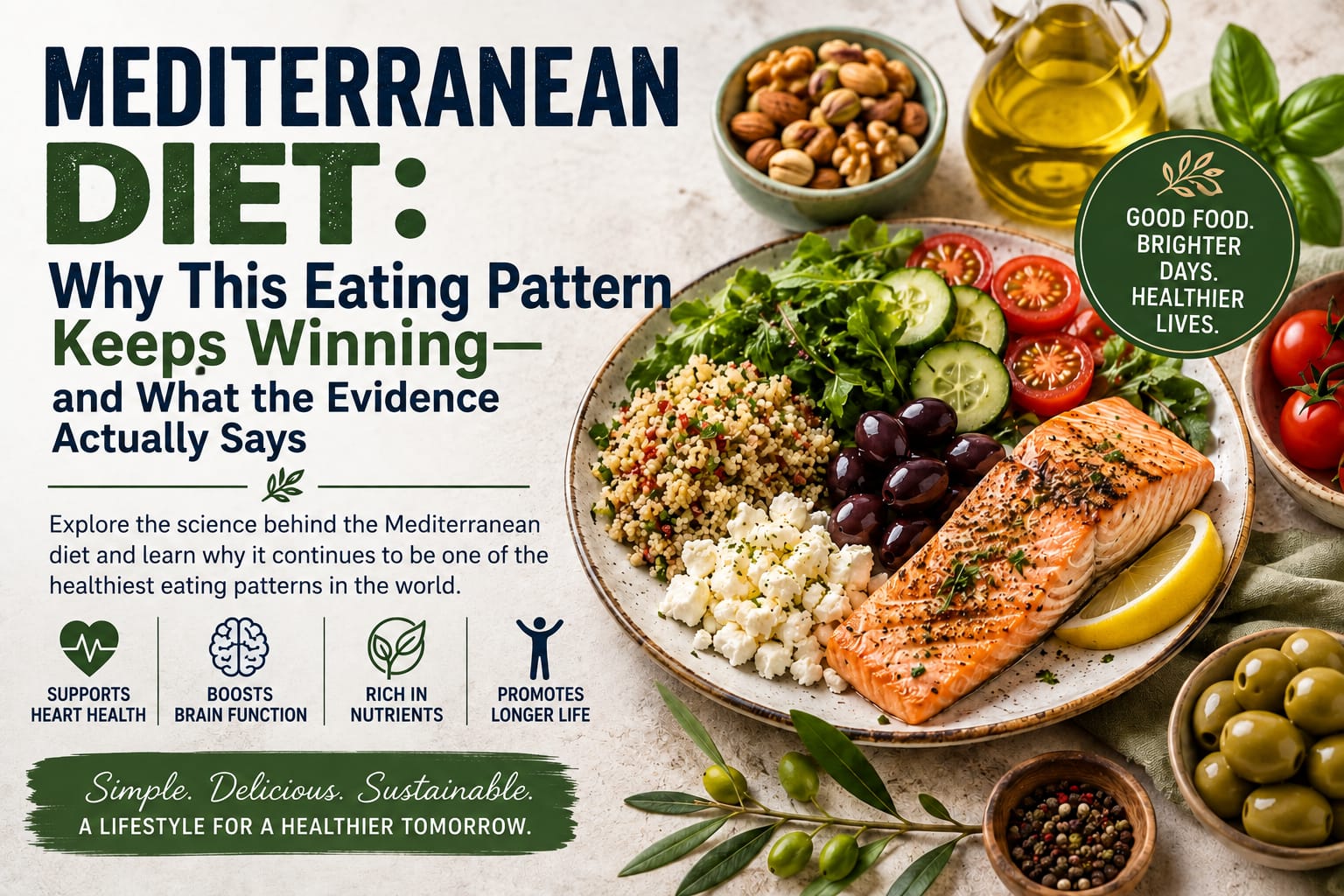 Mediterranean diet meal with vegetables, legumes, whole grains, olive oil, nuts and fish, representing a balanced dietary pattern for heart, brain and healthy aging.