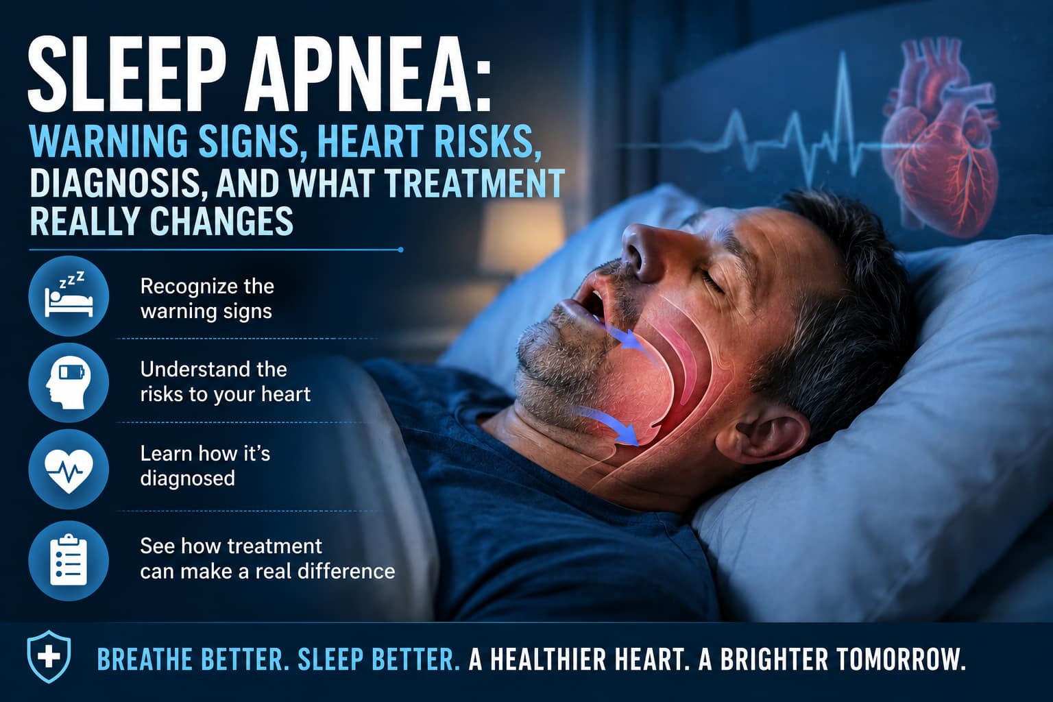 Person sleeping with obstructive sleep apnea, illustrating repeated airway obstruction, oxygen drops, sleep fragmentation, and cardiovascular stress during the night.