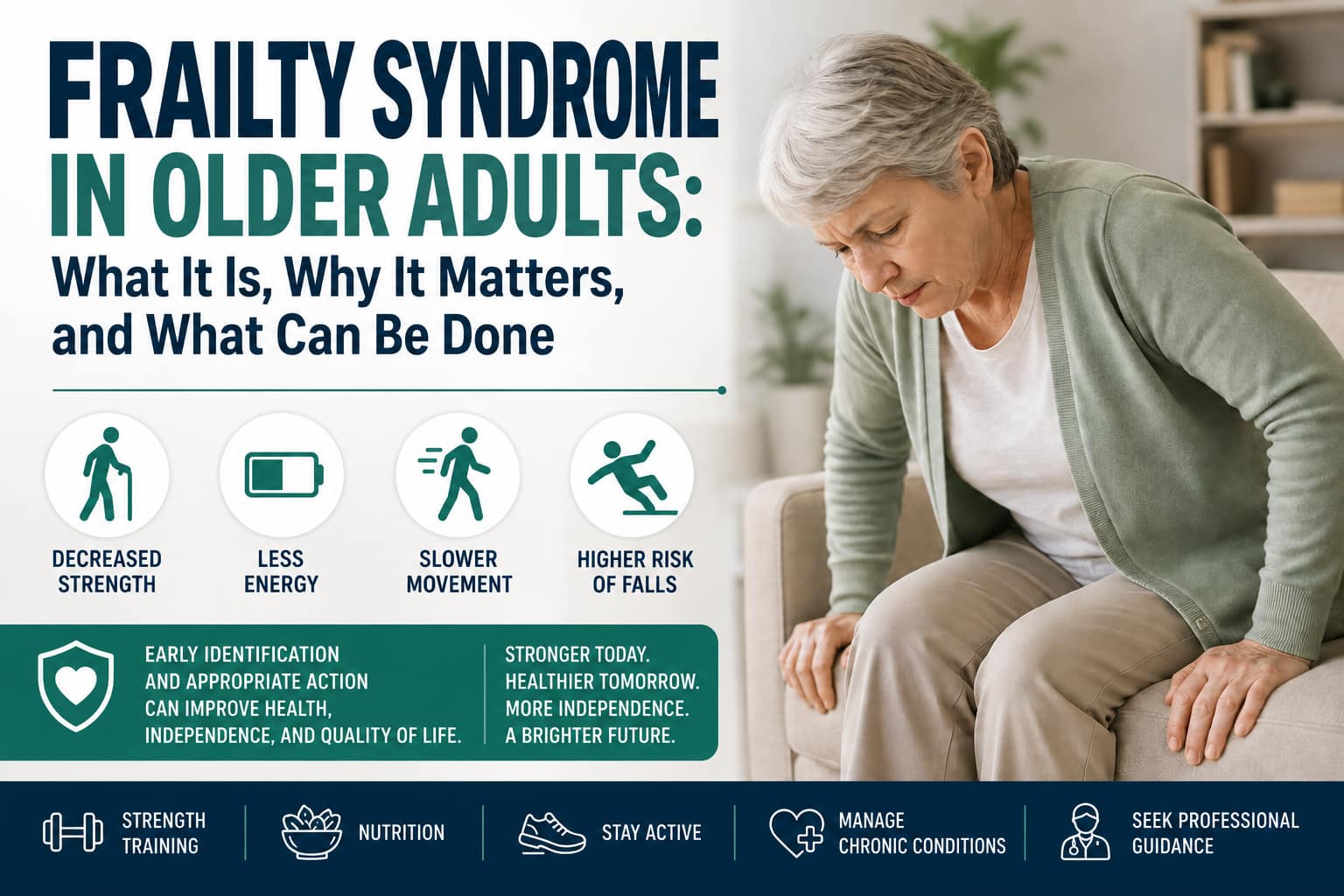 Older adult walking with support, representing frailty syndrome, reduced physiological reserve, declining strength, mobility challenges, and healthy aging.
