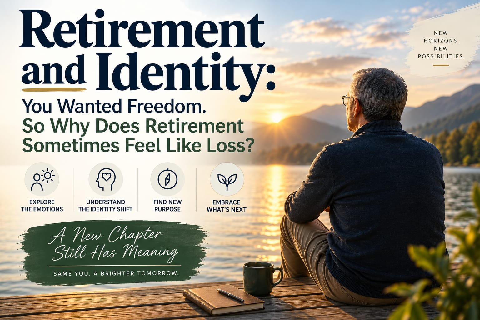 Retired older adult reflecting on life after work, representing retirement, identity, freedom, purpose, social connection, and psychological adjustment.