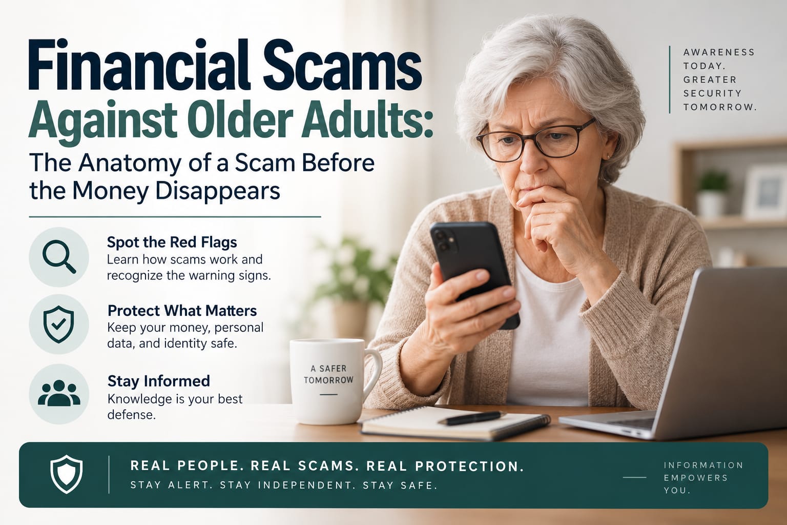 Older adult reviewing a suspicious financial message, representing financial scams, fraud prevention, identity verification, social engineering, and protection of retirement savings.