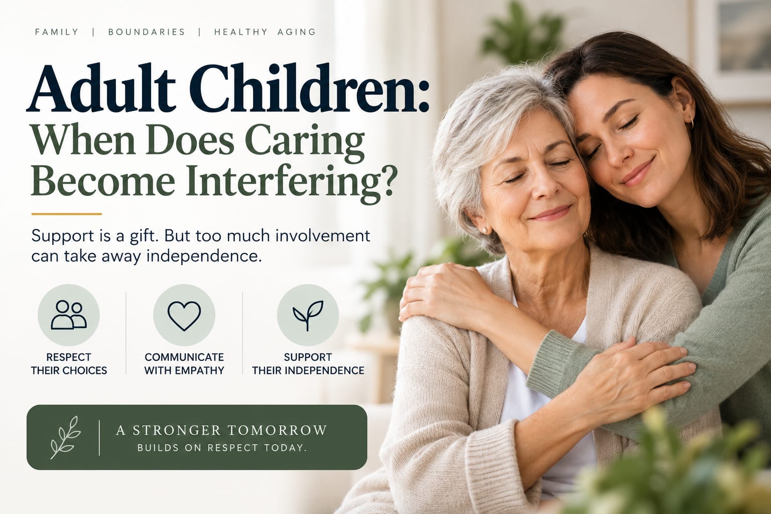 Parent talking with an adult child, representing family relationships, healthy boundaries, communication, autonomy, support, and the changing parent-child relationship in adulthood.