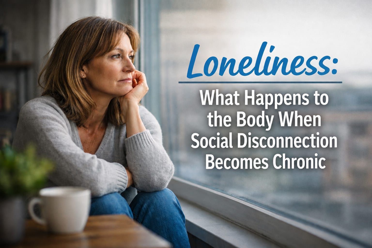 Adult over 50 experiencing loneliness and social disconnection while reflecting on the importance of meaningful relationships and healthy aging
