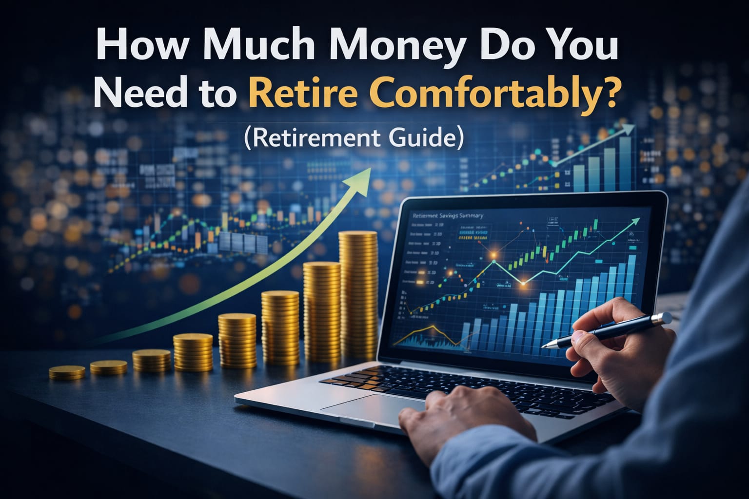 Couple planning retirement money with financial documents, calculator, and savings for a comfortable retirement