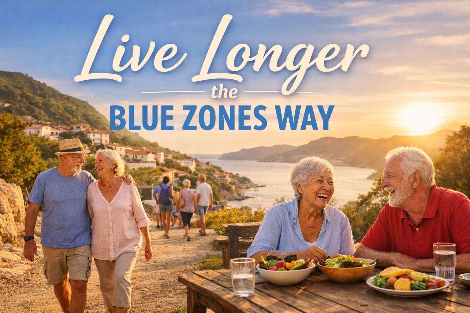 Blue Zones lifestyle showing healthy older adults enjoying nutritious food, walking together, and living active, long lives.