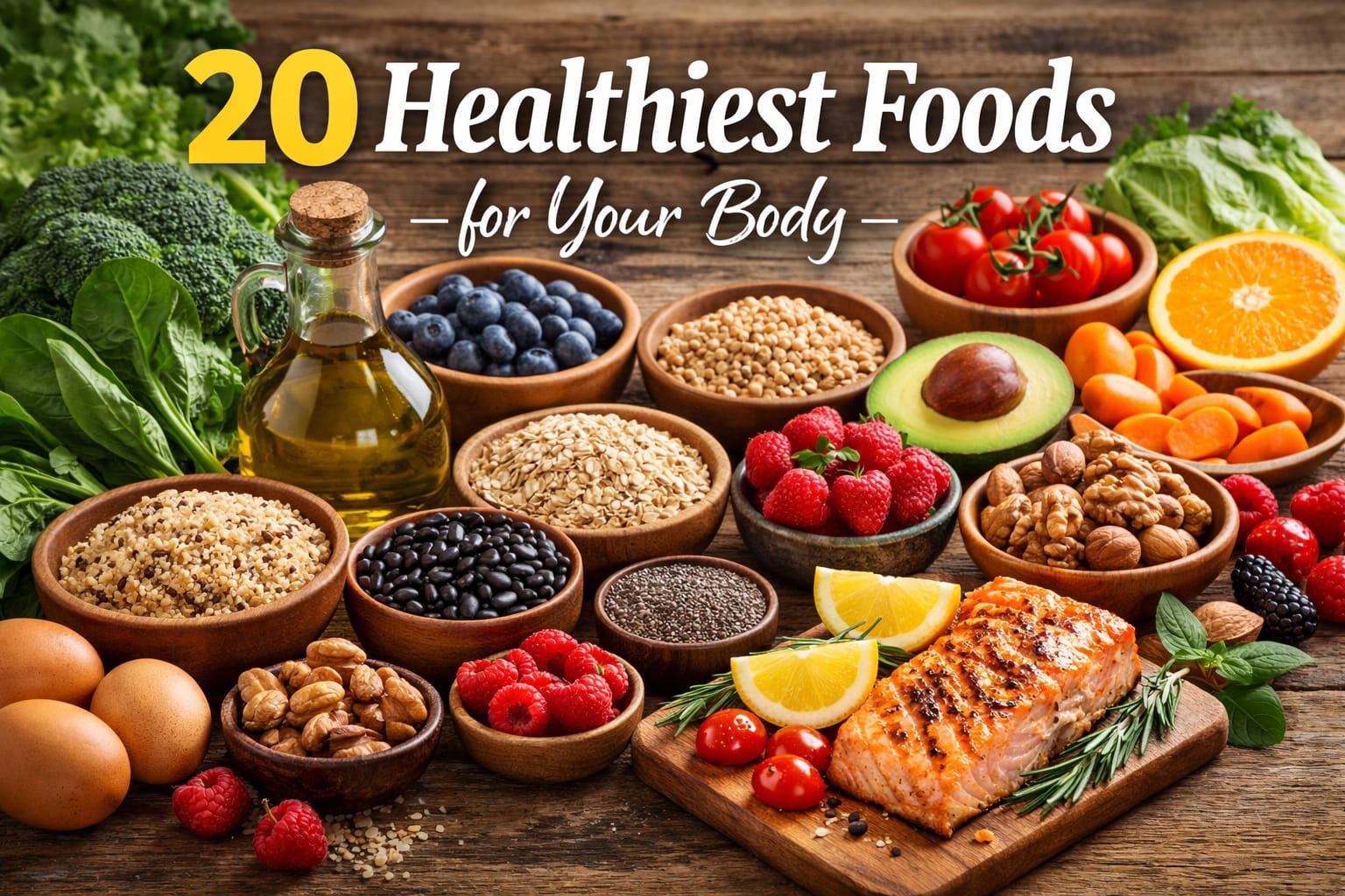 Healthiest foods including berries, salmon, leafy greens, avocado, nuts, legumes, and whole grains for better health and longevity