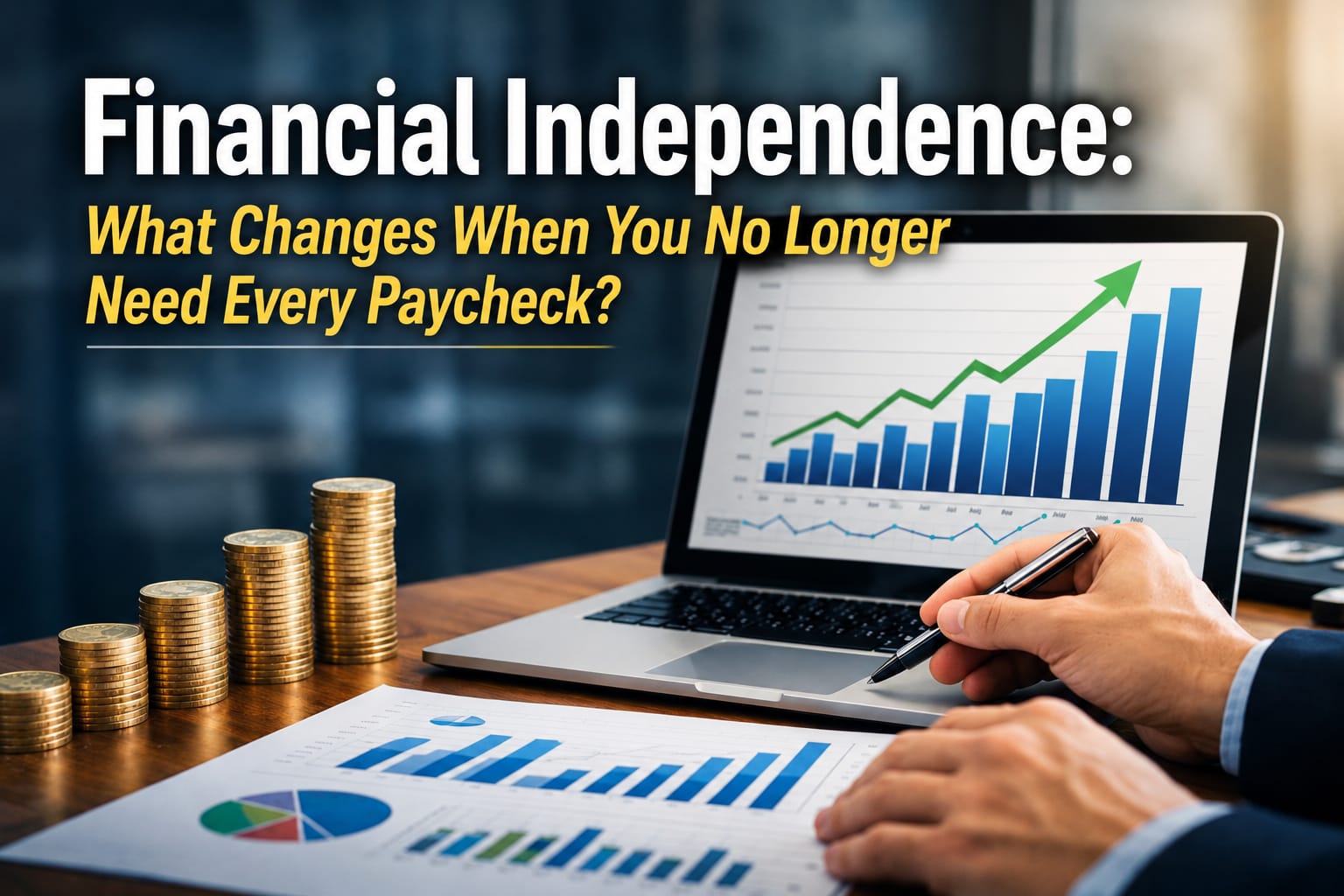 Adult over 50 reviewing savings, investments, debt, and income options to build financial independence and greater freedom